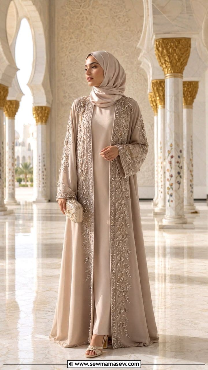 Sea green embroidered abaya for modest formal rental