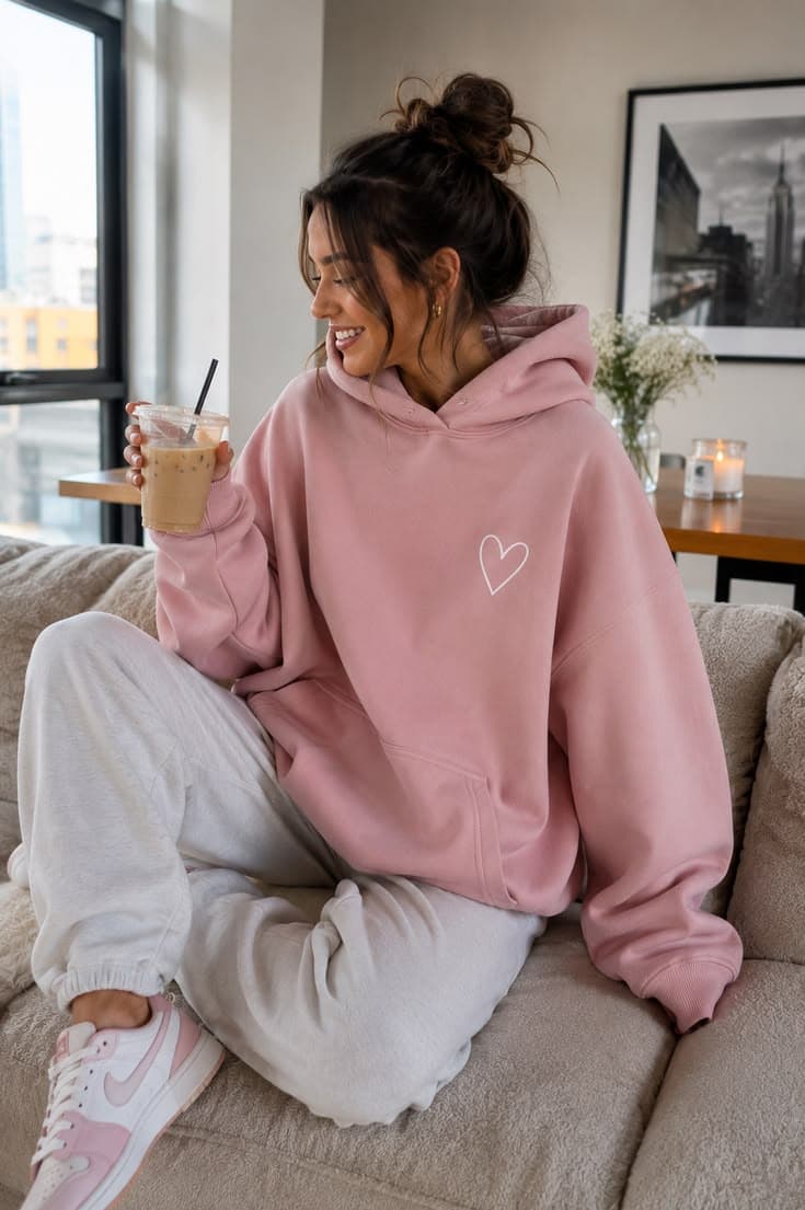 Minimalist neutral hoodie for cozy travel-day rental