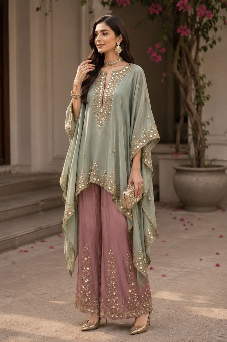 Pink and orange bandhej printed kaftan set for festive rental