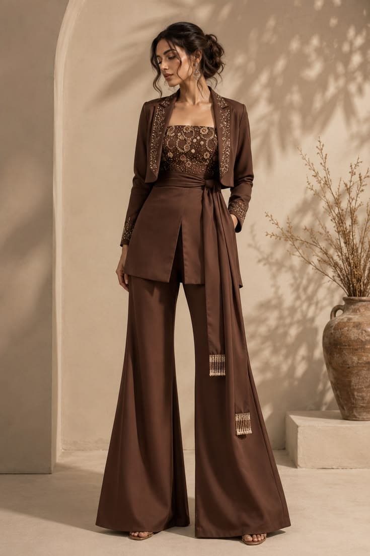Elegant red women's tailored western suit for formal rental